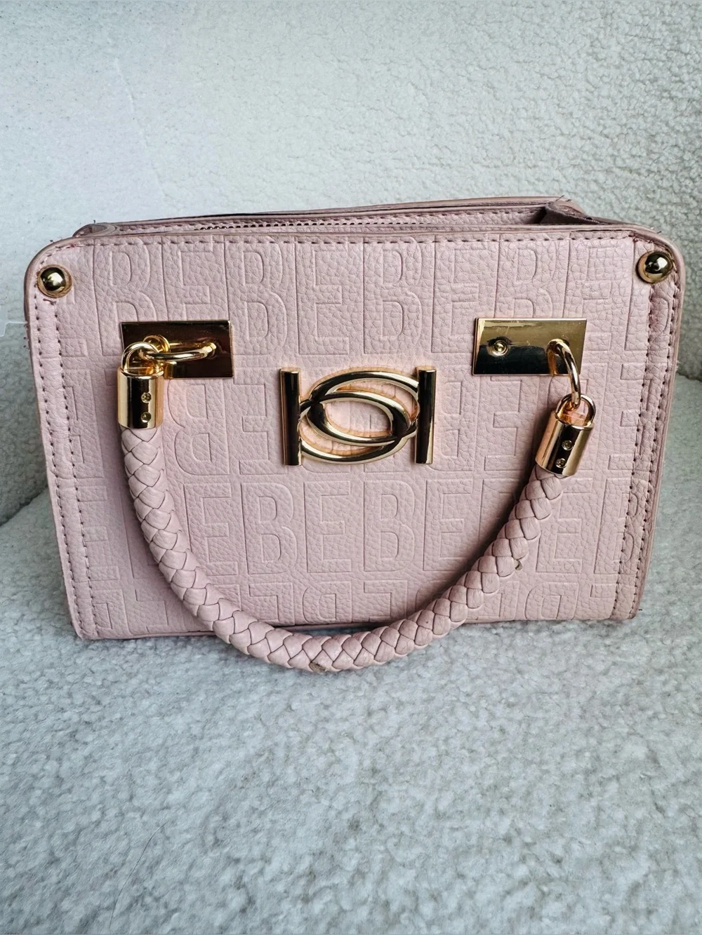 bebe Blush Pink Embossed Top-Handle Satchel with Gold Hardware